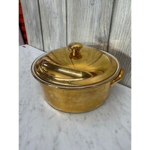 Hall China Golden Glo 22 Karat Gold Covered Casserole Dish Vintage Round 8 Inch